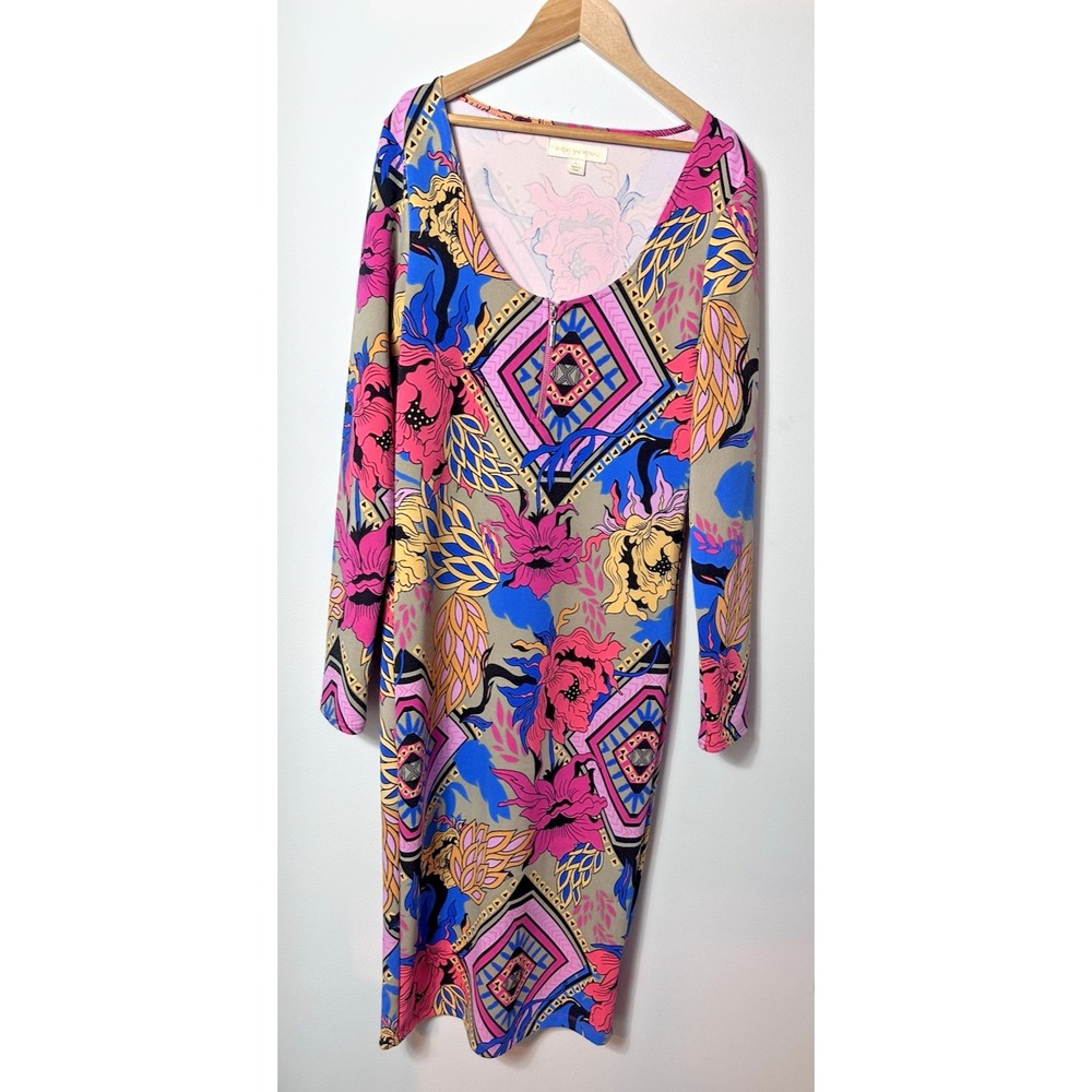 Nicki Minaj Dress Large Pink Blue Colorful Floral Geometric Midi Bodycon Stretch